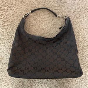 Gucci Dark Brown Nylon/Leather Monogram Hobo Shoulder Bag GG
